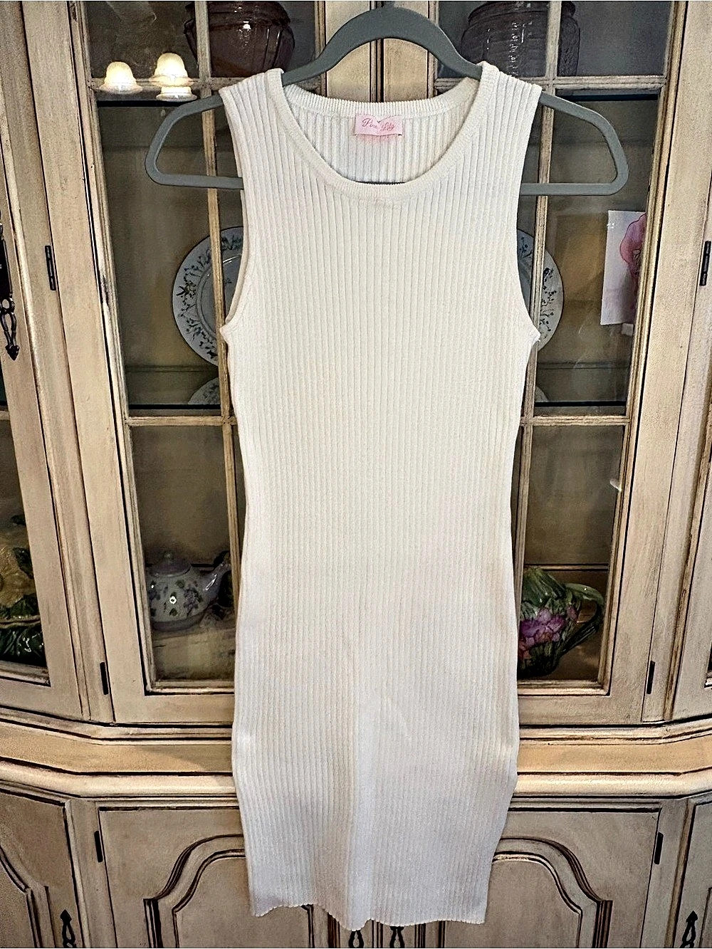100% Cotton Ribbed MIDI Sweater Dress in Cream Size Large